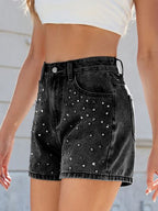 Women’s High Waist Denim Shorts with Rhinestones