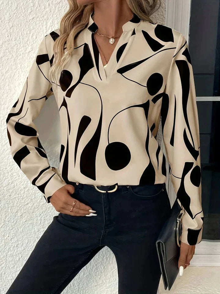 Women’s Abstract Print Long Sleeve Blouse Apricot
