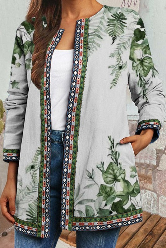 Women’s Floral Print Open Front Cardigan with Pockets Green