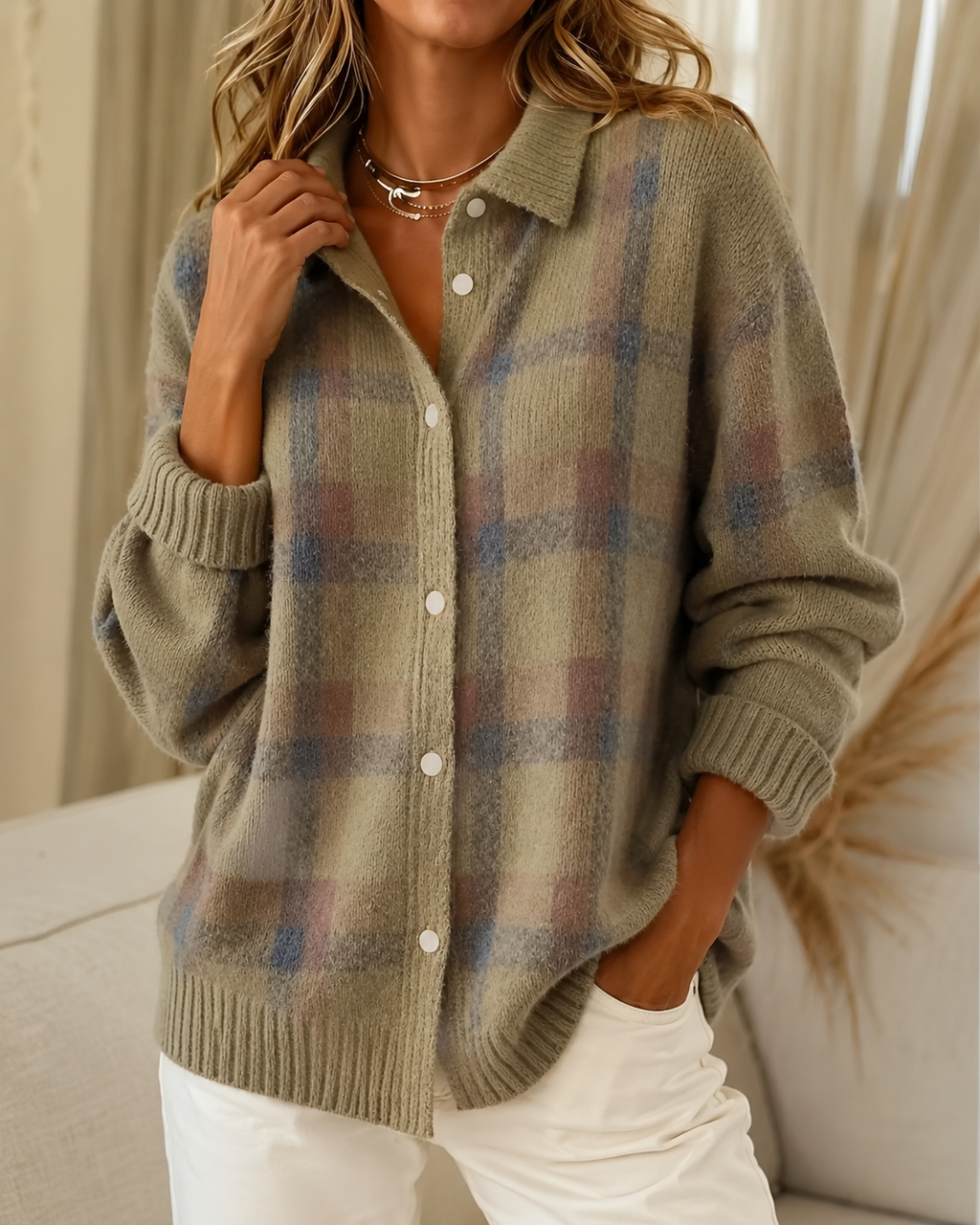 Women's knitted cardigan in brown with check pattern, styled for casual and smart-casual outfits.