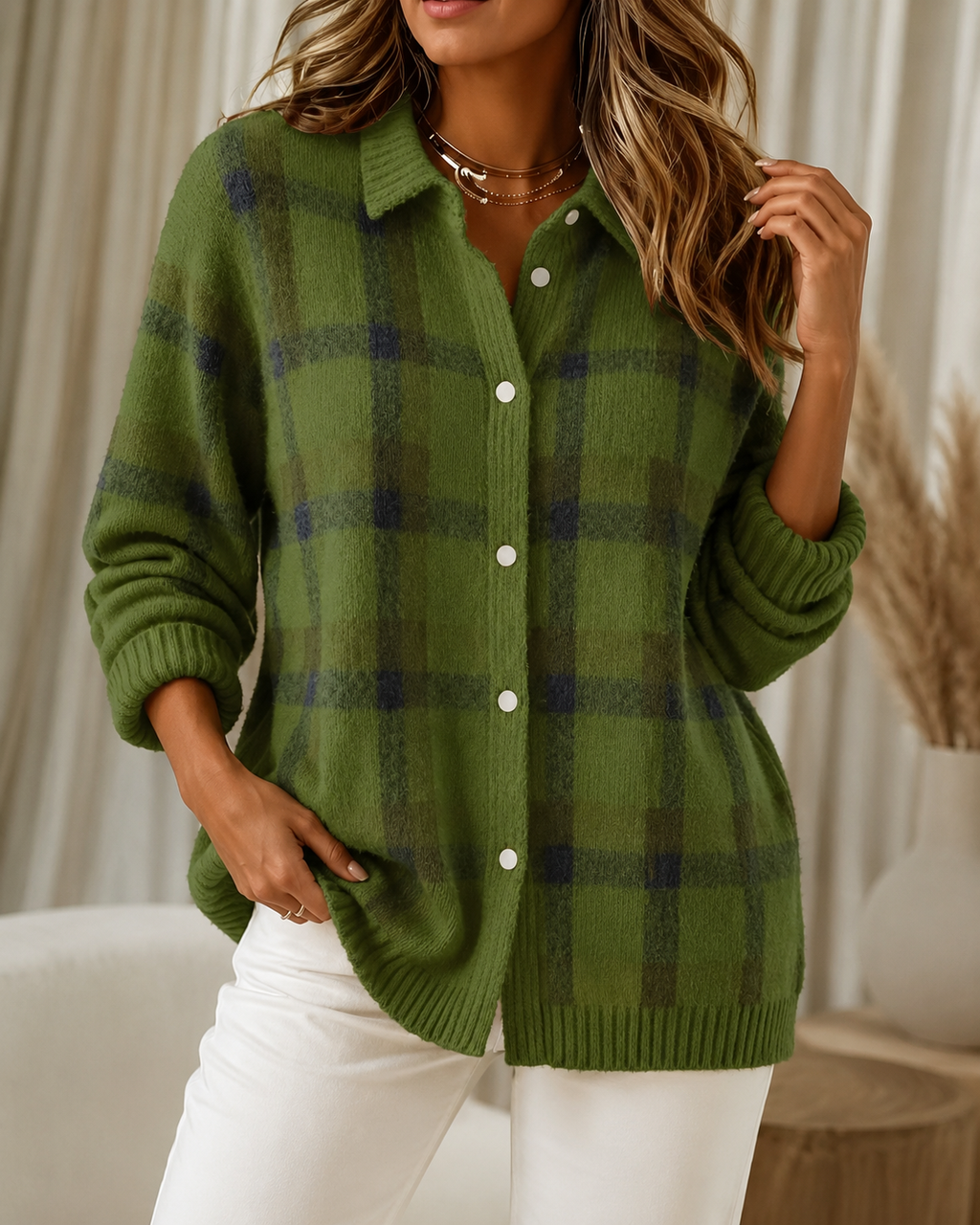 Women's knitted cardigan in green with check pattern, styled for casual and smart-casual outfits.