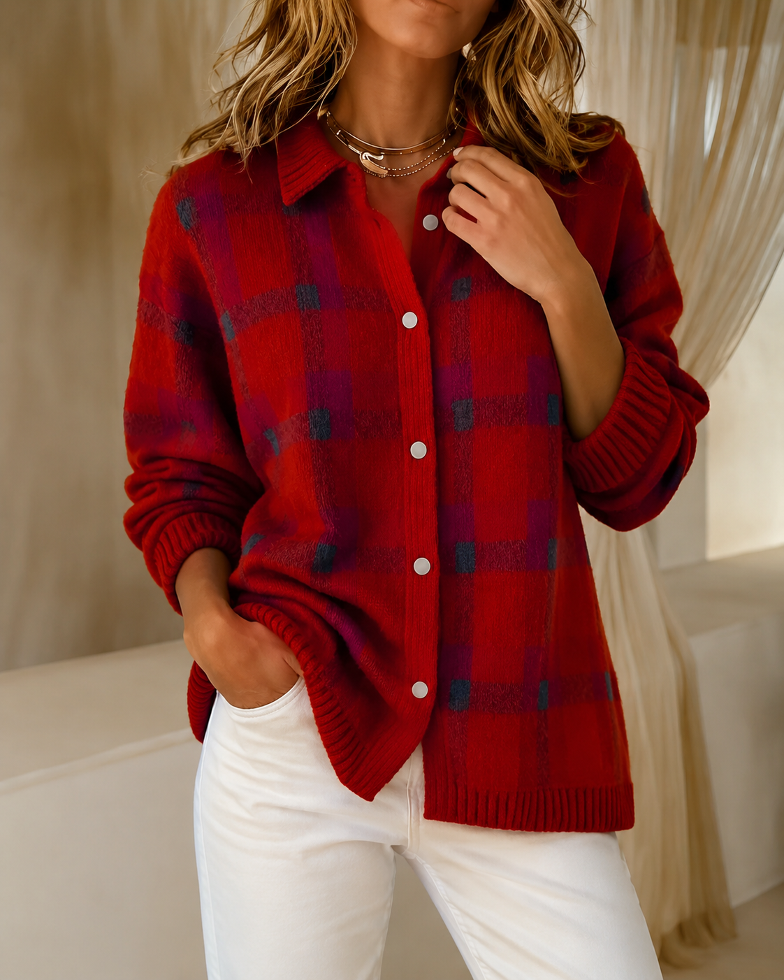 Women's knitted cardigan in red with check pattern, styled for casual and smart-casual outfits.