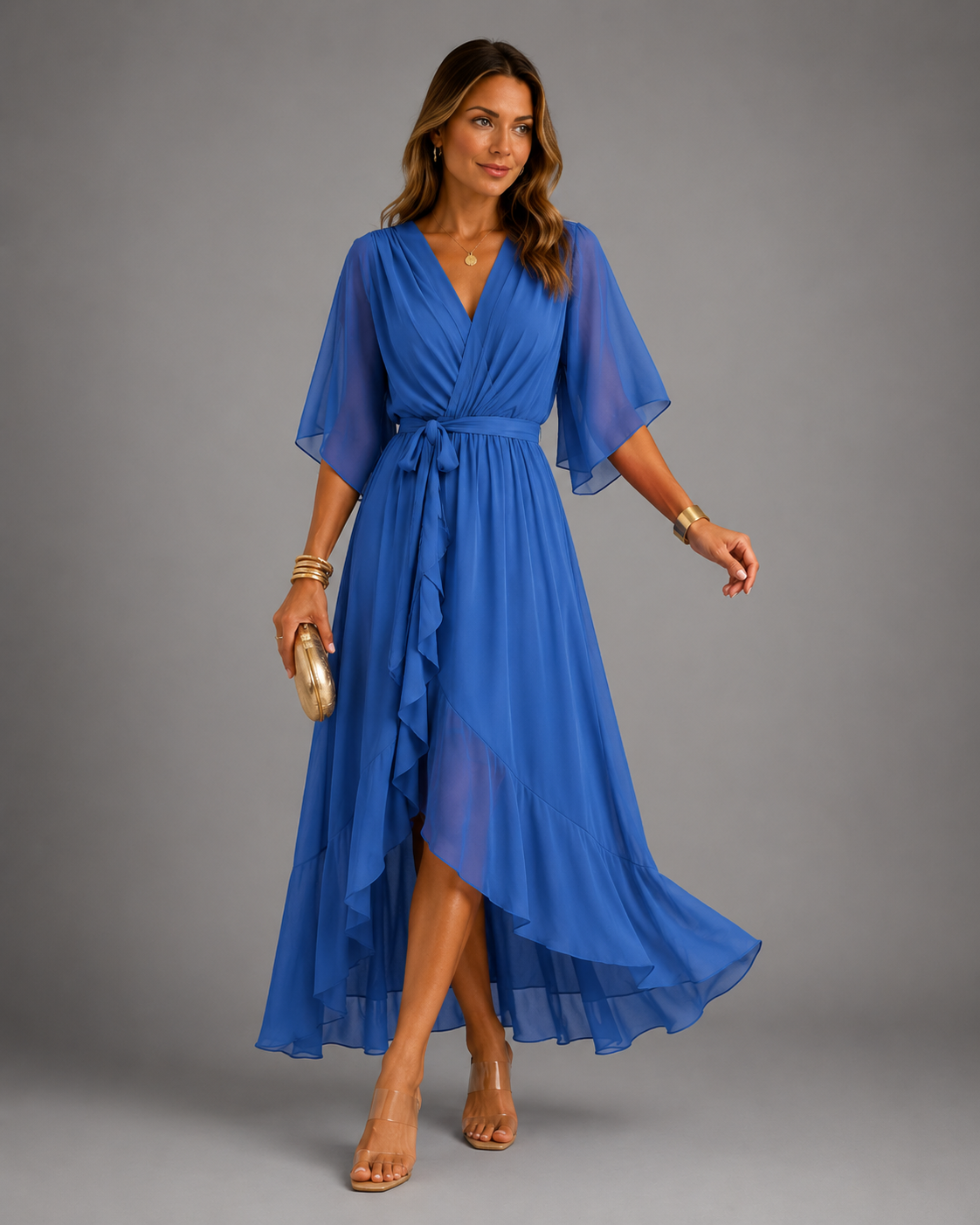 Women's chiffon maxi dress in blue with wrap front, styled for casual and smart-casual outfits.