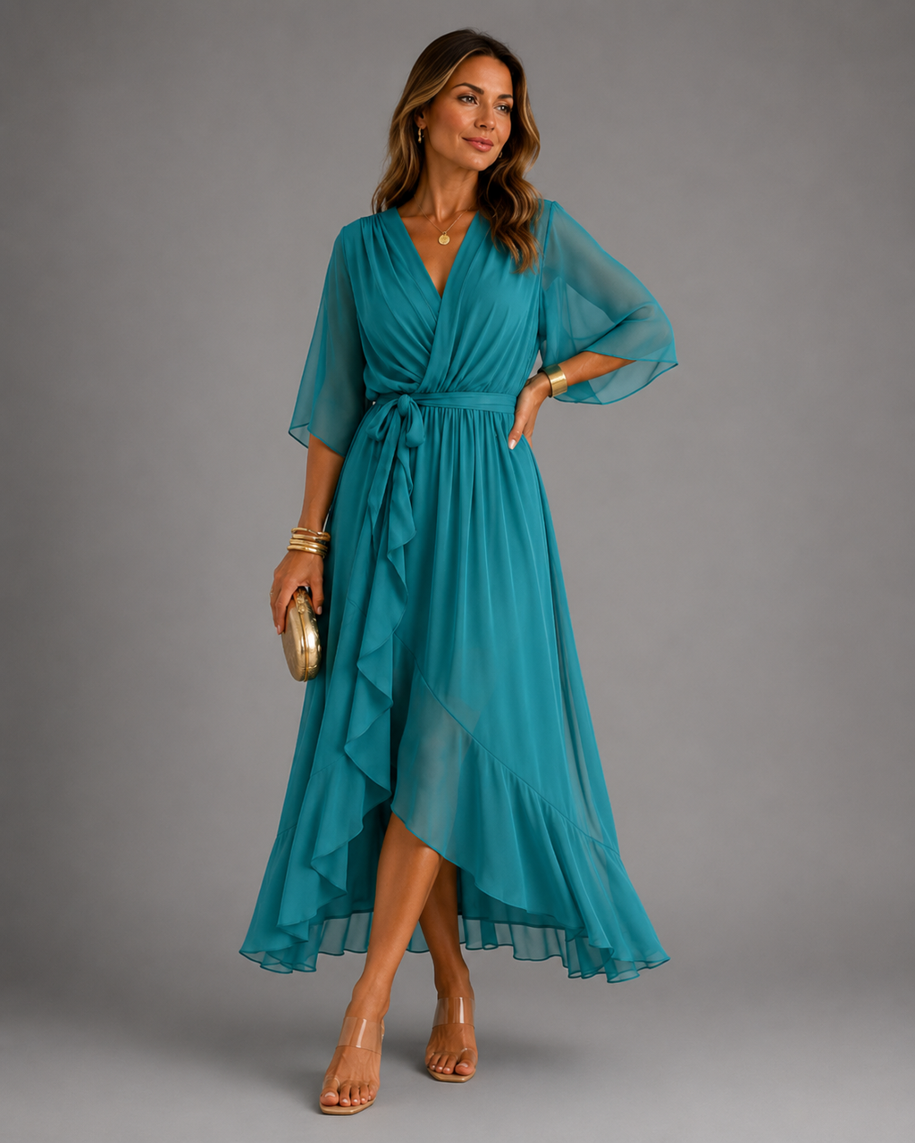 Women's chiffon maxi dress in light blue with wrap front, styled for casual and smart-casual outfits.