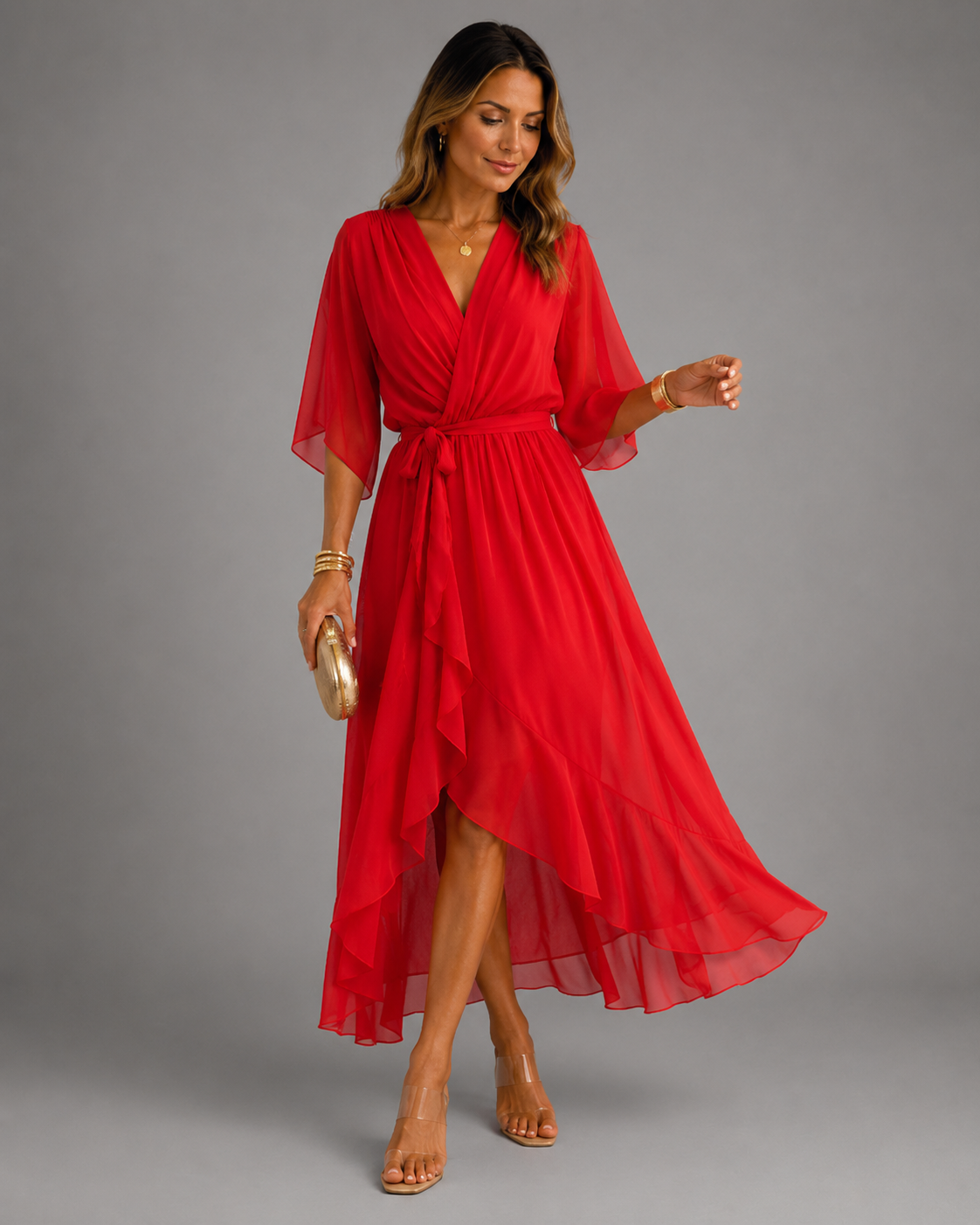 Women's chiffon maxi dress in red with wrap front, styled for casual and smart-casual outfits.
