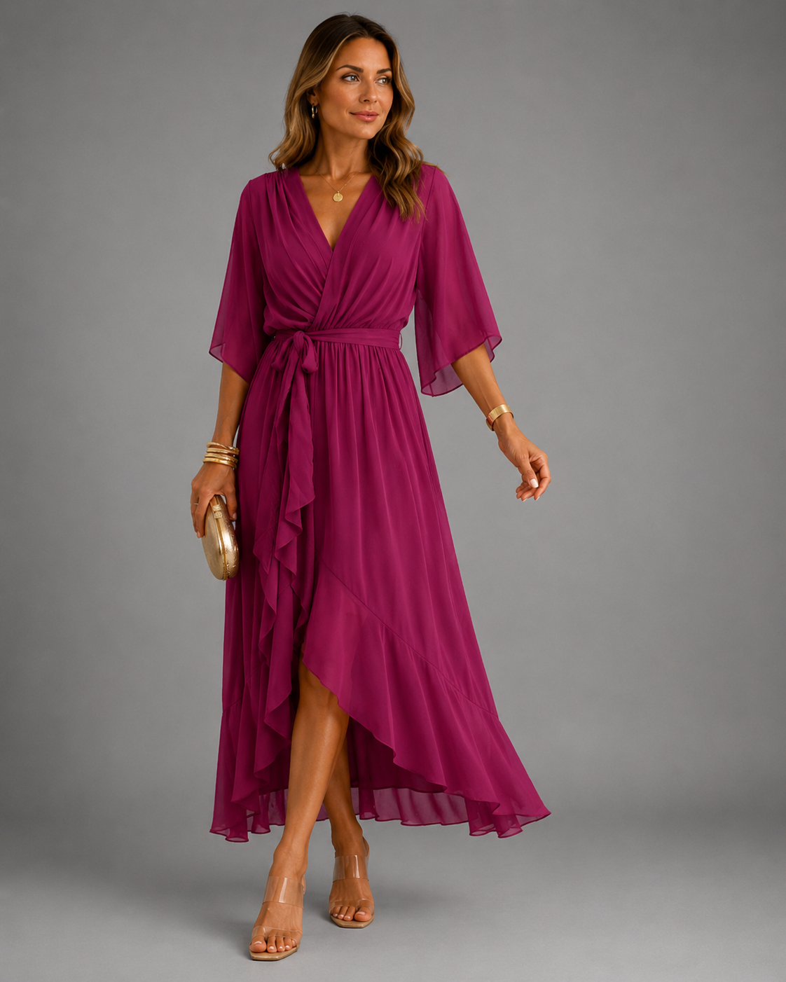 Women's chiffon maxi dress in red purple with wrap front, styled for casual and smart-casual outfits.