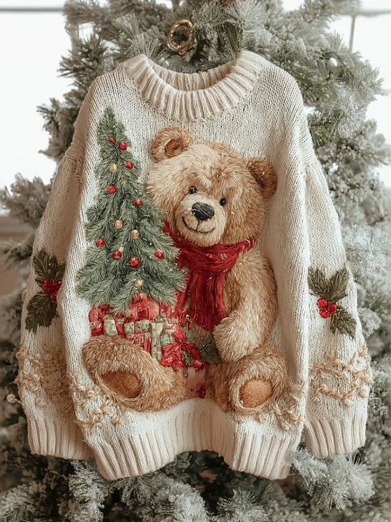 Women's Christmas jumper in beige with teddy bear motif, styled for casual and smart-casual outfits.