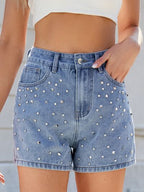 Women’s High Waist Denim Shorts with Rhinestones Light Blue