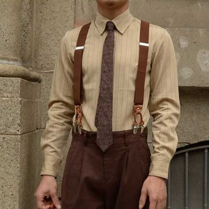 Men’s Vertical Stripe Button-Up Long Saleeve Dress Shirt Apricot