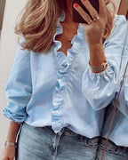 Women’s Elegant Ruffle Blouse with Long Sleeves Blue