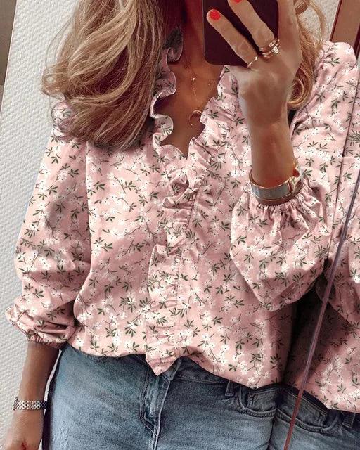 Women’s Elegant Ruffle Blouse with Long Sleeves Pink