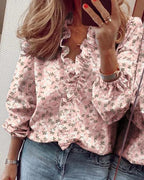 Women’s Elegant Ruffle Blouse with Long Sleeves Pink