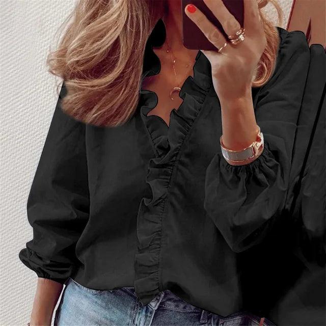 Women’s Elegant Ruffle Blouse with Long Sleeves Black