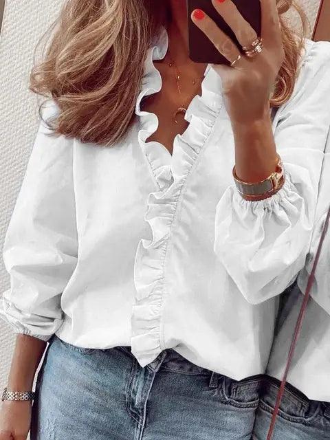 Women’s Elegant Ruffle Blouse with Long Sleeves White