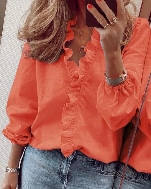 Women’s Elegant Ruffle Blouse with Long Sleeves Orange