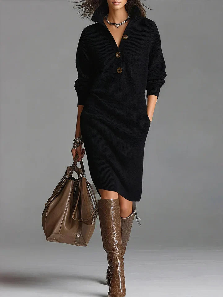 Women’s Stylish Midi Dress with Button Closure and Comfortable Fit Black