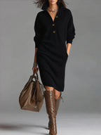 Women’s Stylish Midi Dress with Button Closure and Comfortable Fit Black