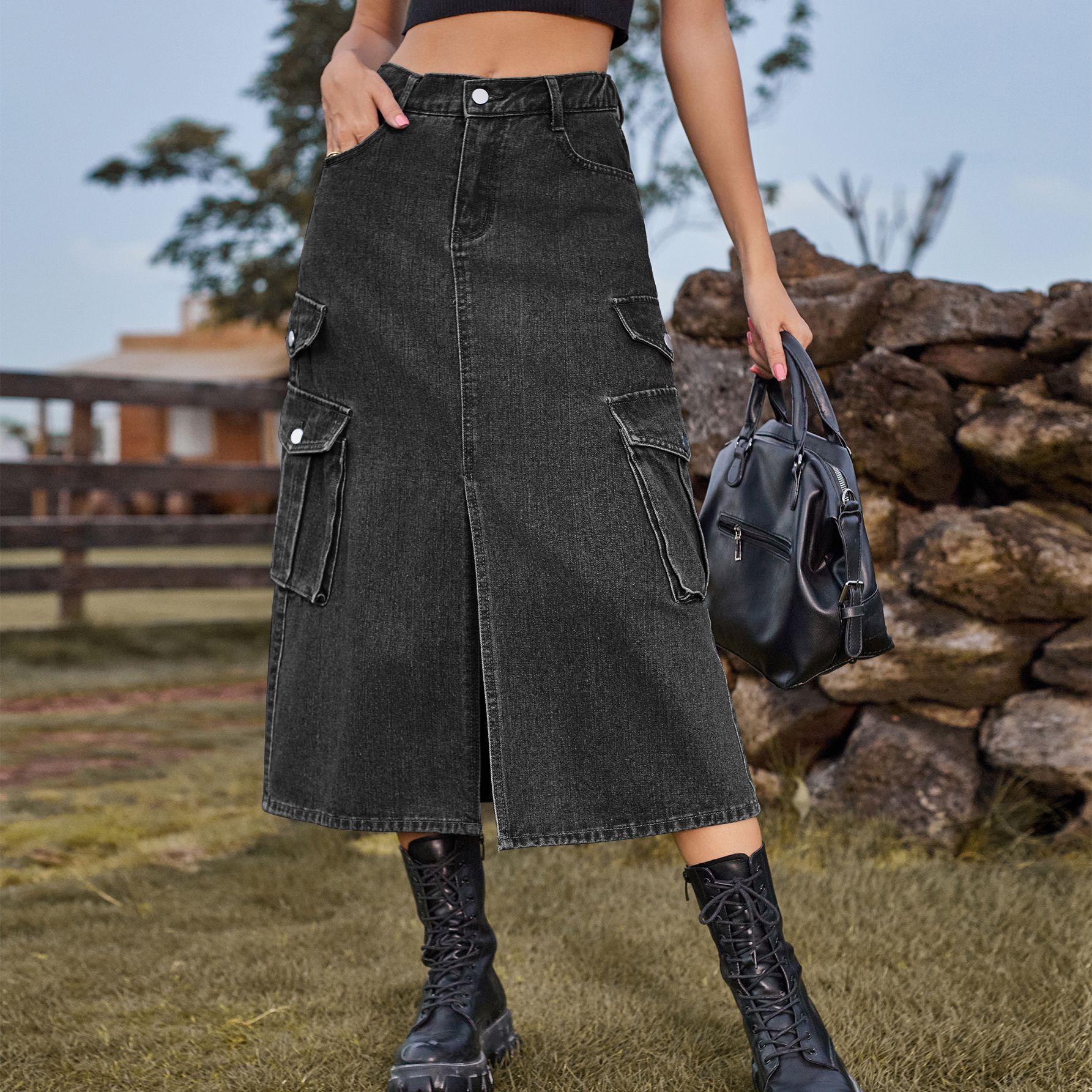 Women’s Elegant Denim Cargo Skirt Black And Gray