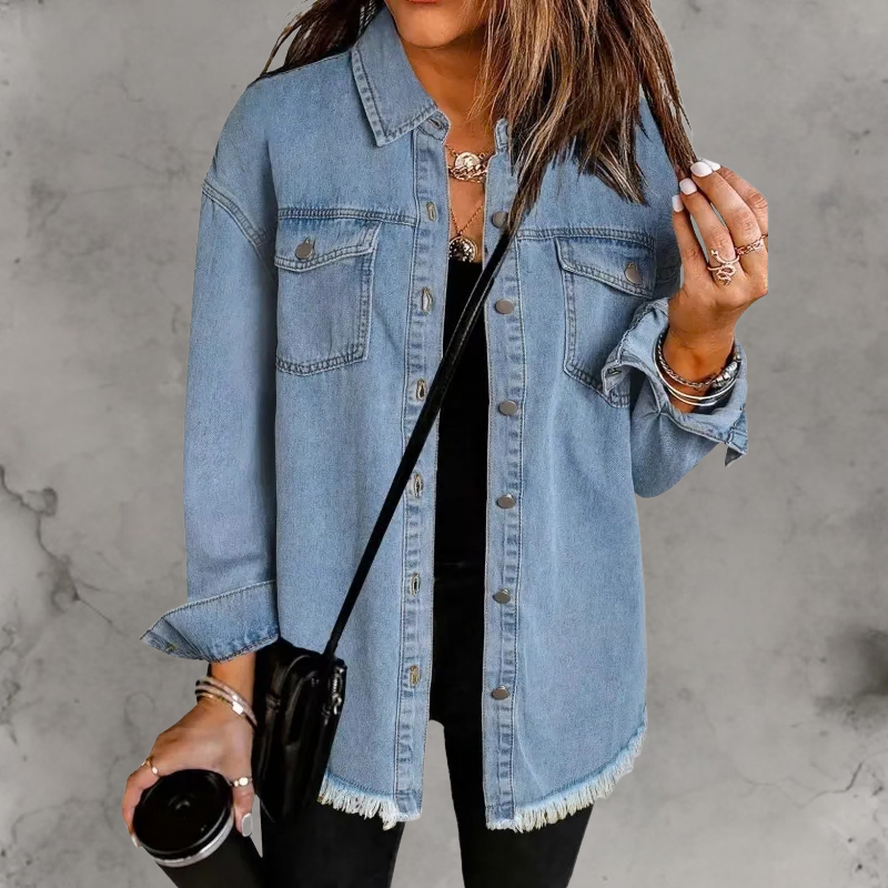 Women’s Casual Denim Jacket with Buttons Denim Blue