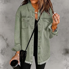 Women’s Casual Denim Jacket with Buttons Olive Green