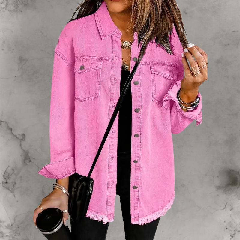 Women’s Casual Denim Jacket with Buttons Pink