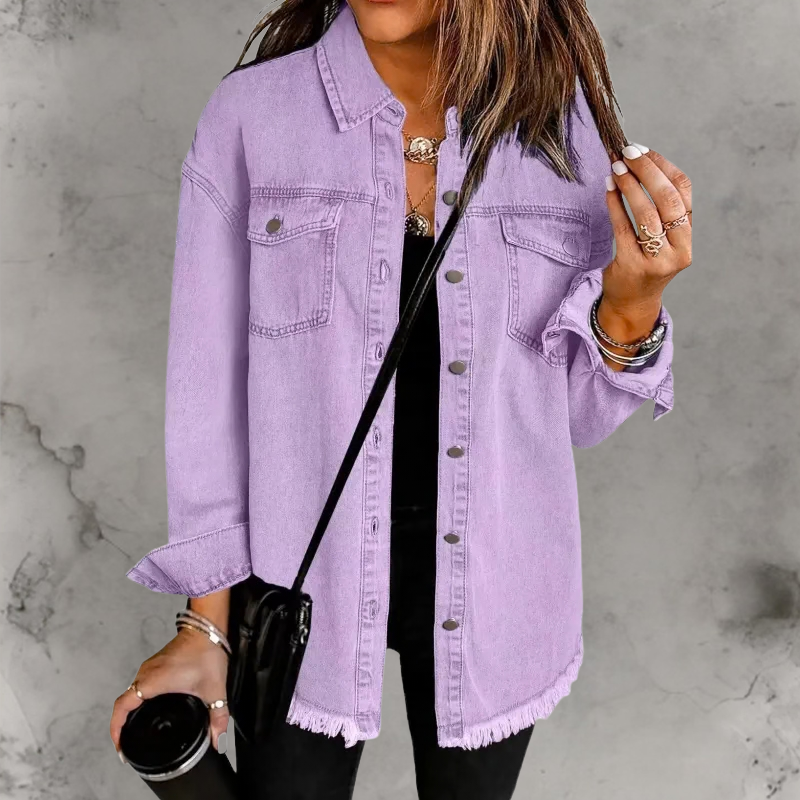 Women’s Casual Denim Jacket with Buttons Purple