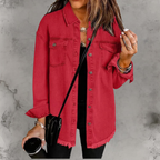 Women’s Casual Denim Jacket with Buttons Red