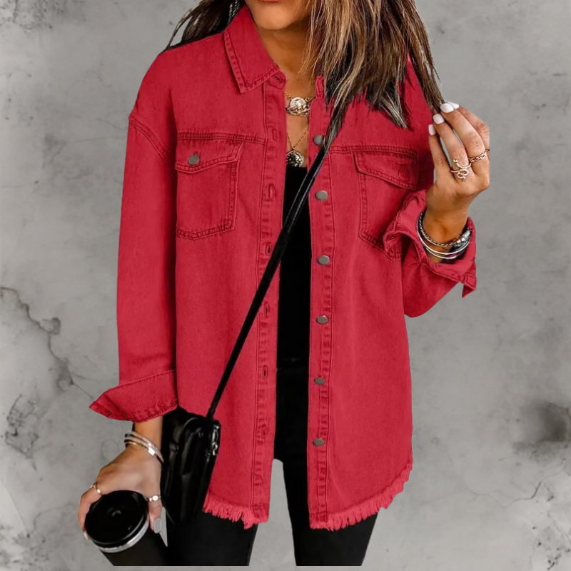 Women’s Casual Denim Jacket with Buttons Red