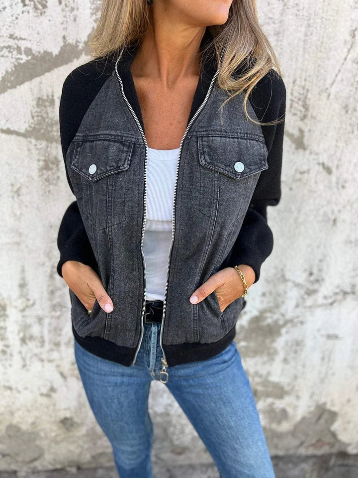 Women’s Fashionable Denim Jacket with Fleece Details Black