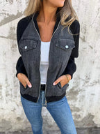 Women’s Fashionable Denim Jacket with Fleece Details Black