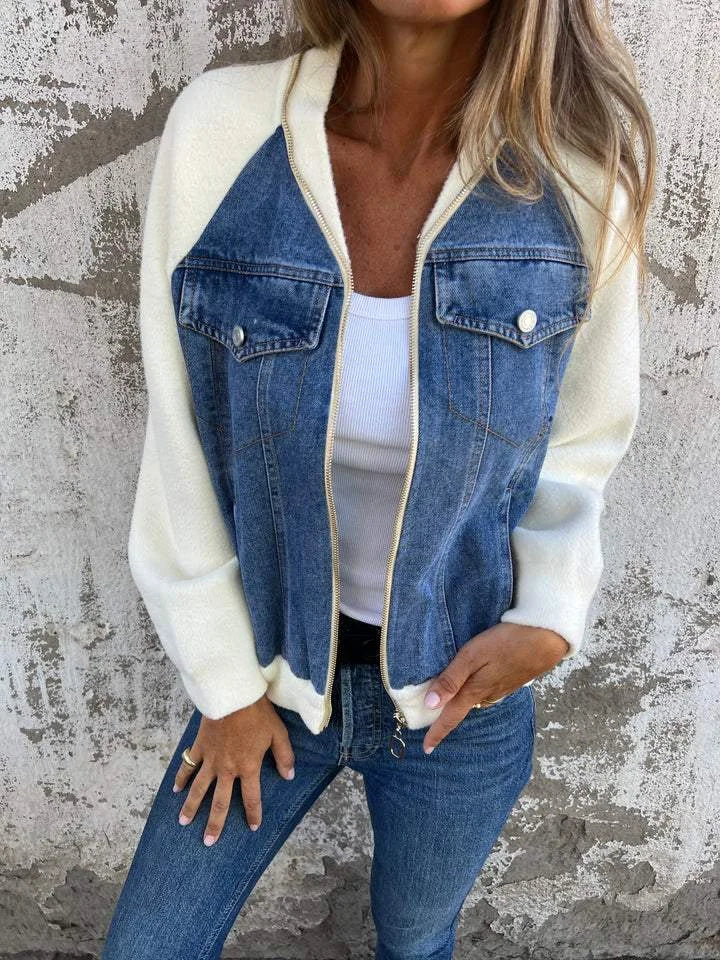 Women’s Fashionable Denim Jacket with Fleece Details Blue