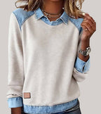 Women's denim-look jumper in beige with contrast denim collar, styled for casual and smart-casual outfits.