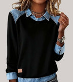 Women's denim-look jumper in black with contrast denim collar, styled for casual and smart-casual outfits.