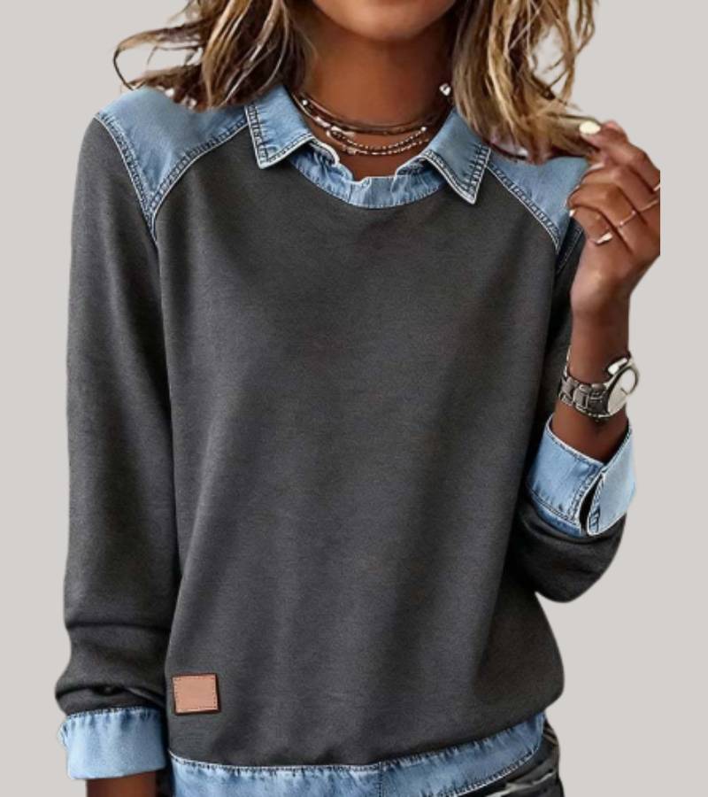 Women's denim-look jumper in grey with contrast denim collar, styled for casual and smart-casual outfits.