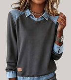 Women's denim-look jumper in grey with contrast denim collar, styled for casual and smart-casual outfits.