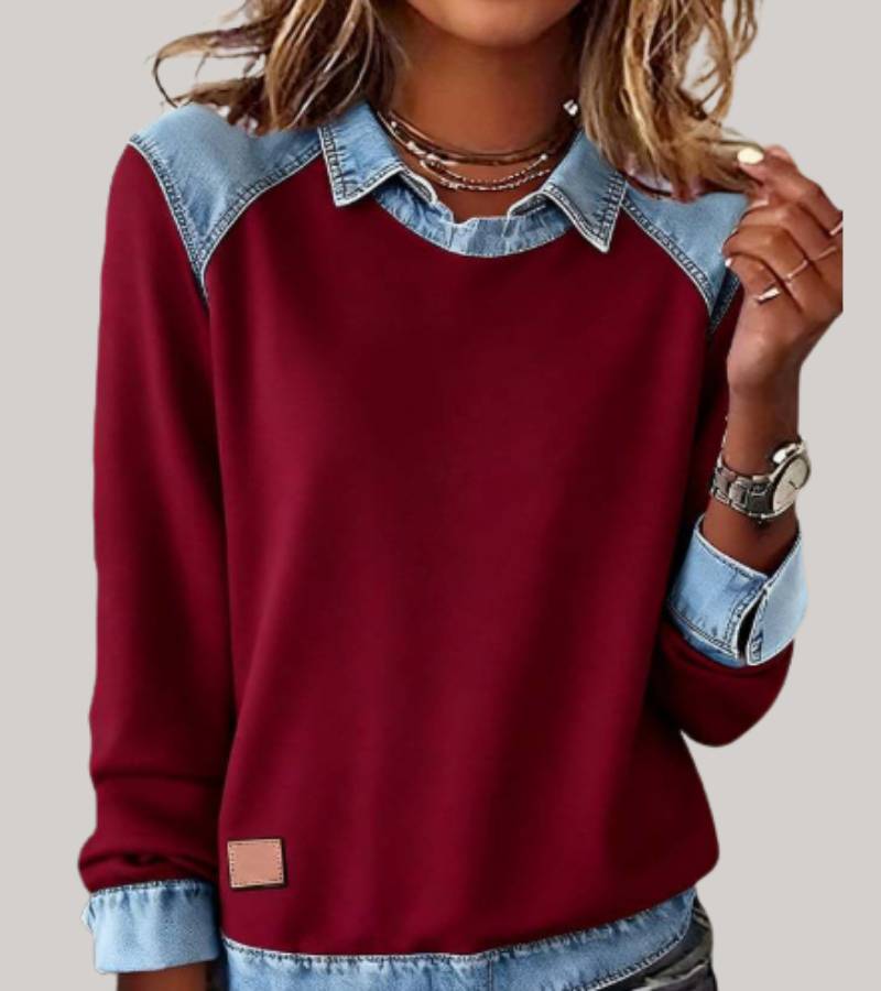 Women's denim-look jumper in red with contrast denim collar, styled for casual and smart-casual outfits.