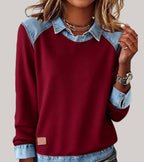 Women's denim-look jumper in red with contrast denim collar, styled for casual and smart-casual outfits.