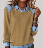 Women's denim-look jumper in yellow with contrast denim hem, styled for casual and smart-casual outfits.