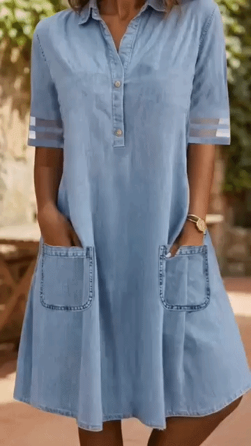 Women's shirt dress in blue with half button placket, styled for casual and smart-casual outfits.