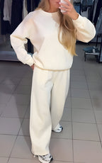 Women's lounge set in white with diamond texture, styled for casual and smart-casual outfits.