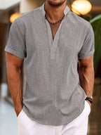Men’s Classic Short Sleeve Henley Shirt for Summer Casual Wear Grey