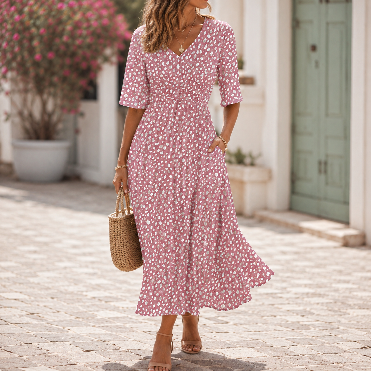 Women's midi dress in pink with draped waist detail, styled for casual and smart-casual outfits.