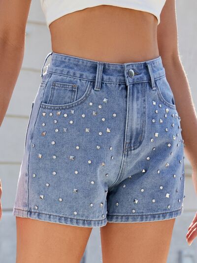 Women’s High Waist Denim Shorts with Rhinestones