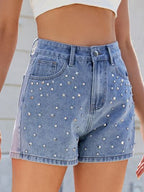 Women’s High Waist Denim Shorts with Rhinestones