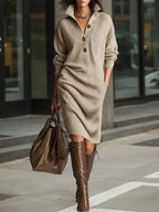Women’s Stylish Midi Dress with Button Closure and Comfortable Fit Khaki