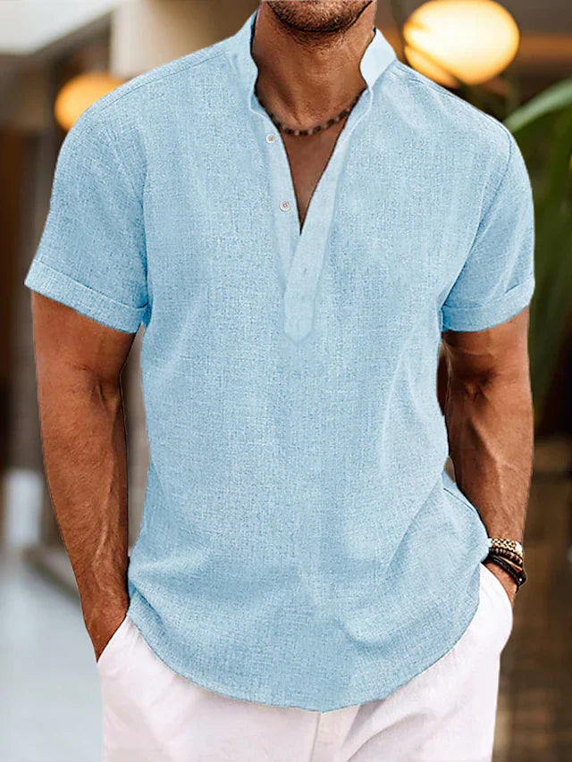 Men’s Classic Short Sleeve Henley Shirt for Summer Casual Wear Light Blue