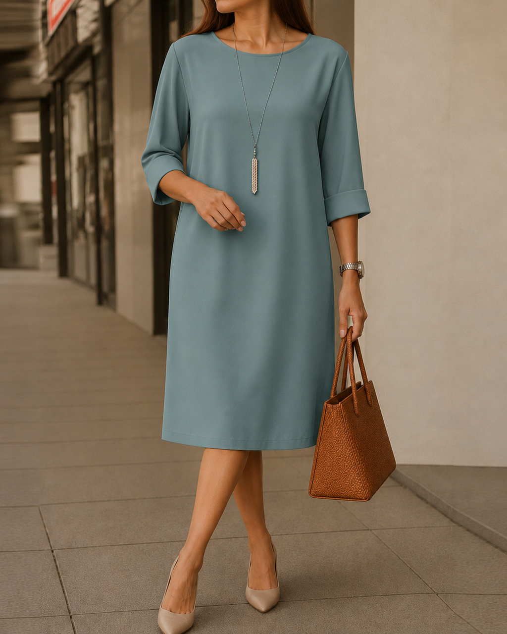 Women's midi dress in peacock blue with a flowing skirt, styled for casual and smart-casual wear.