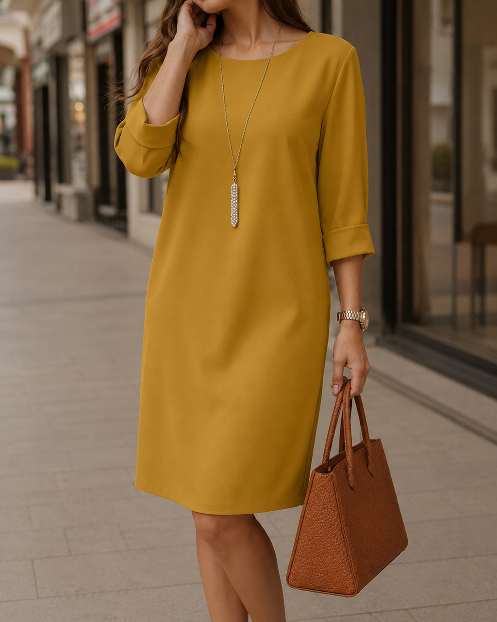 Women's midi dress in yellow with a flowing skirt, styled for casual and smart-casual outfits.