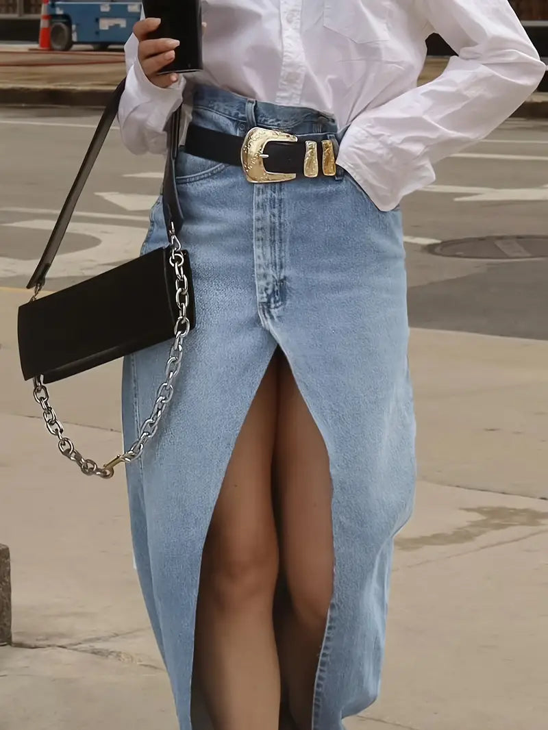 Women’s Elegant Denim Skirt with High Slit