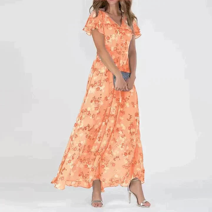 Women’s Elegant Floral V-Neck Maxi Dress Orange